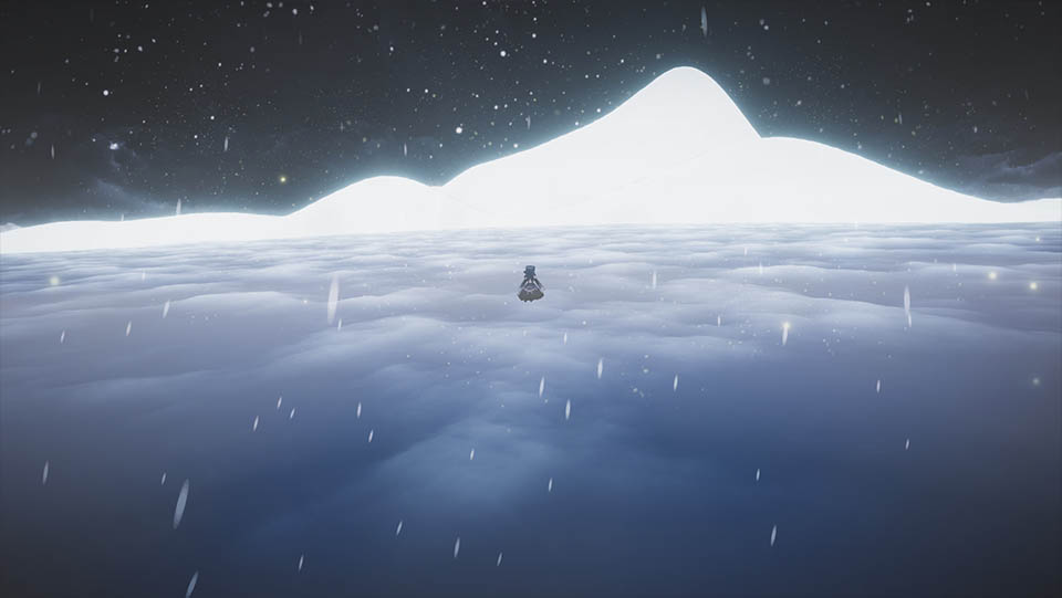 Tairitsu is sitting before an oracle mountain in a snowstorm